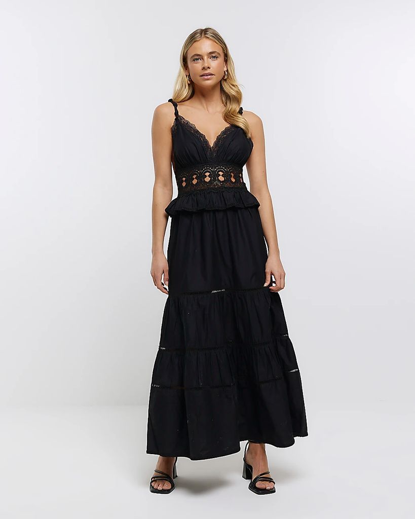 Womens Black Lace V-Neck Maxi Dress