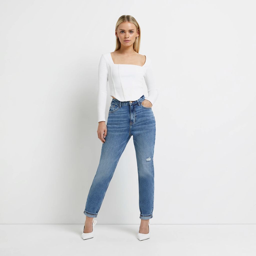Womens Petite Blue High Waisted Ripped Mom Jeans