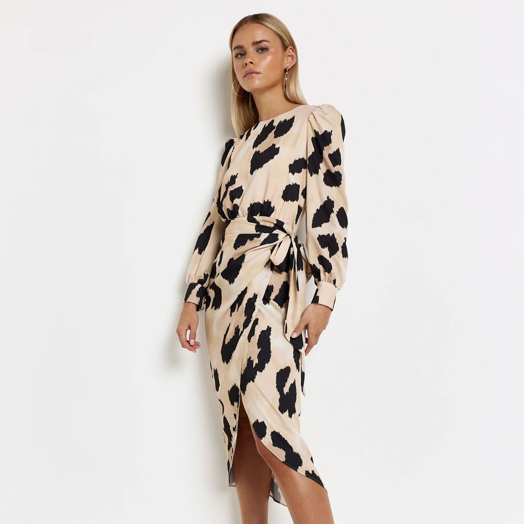 Womens Petite Beige Leopard Satin Wrap Midi Dress