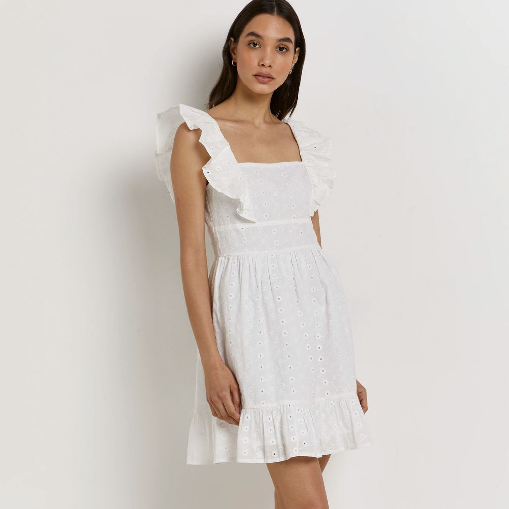 Womens White Broderie Frill Mini Dress