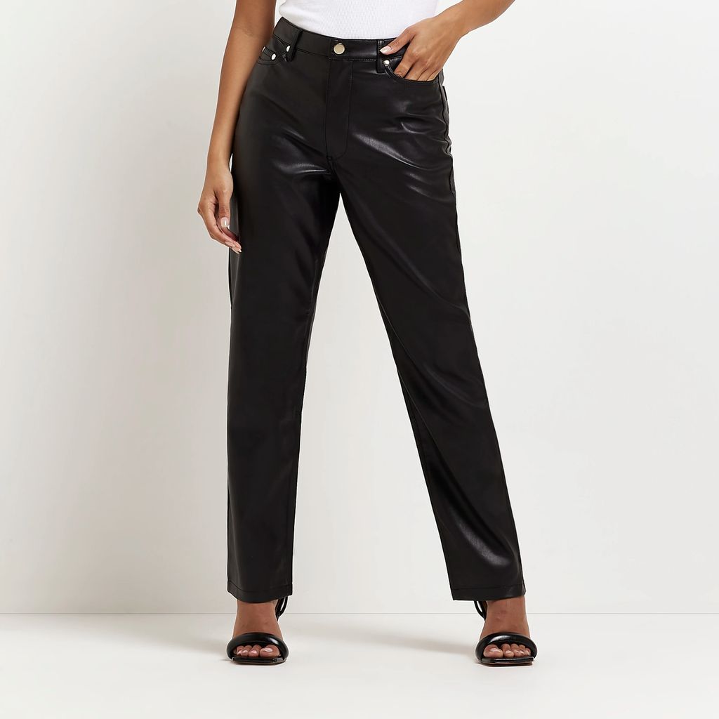 Womens Petite Black Faux Leather Straight Trousers