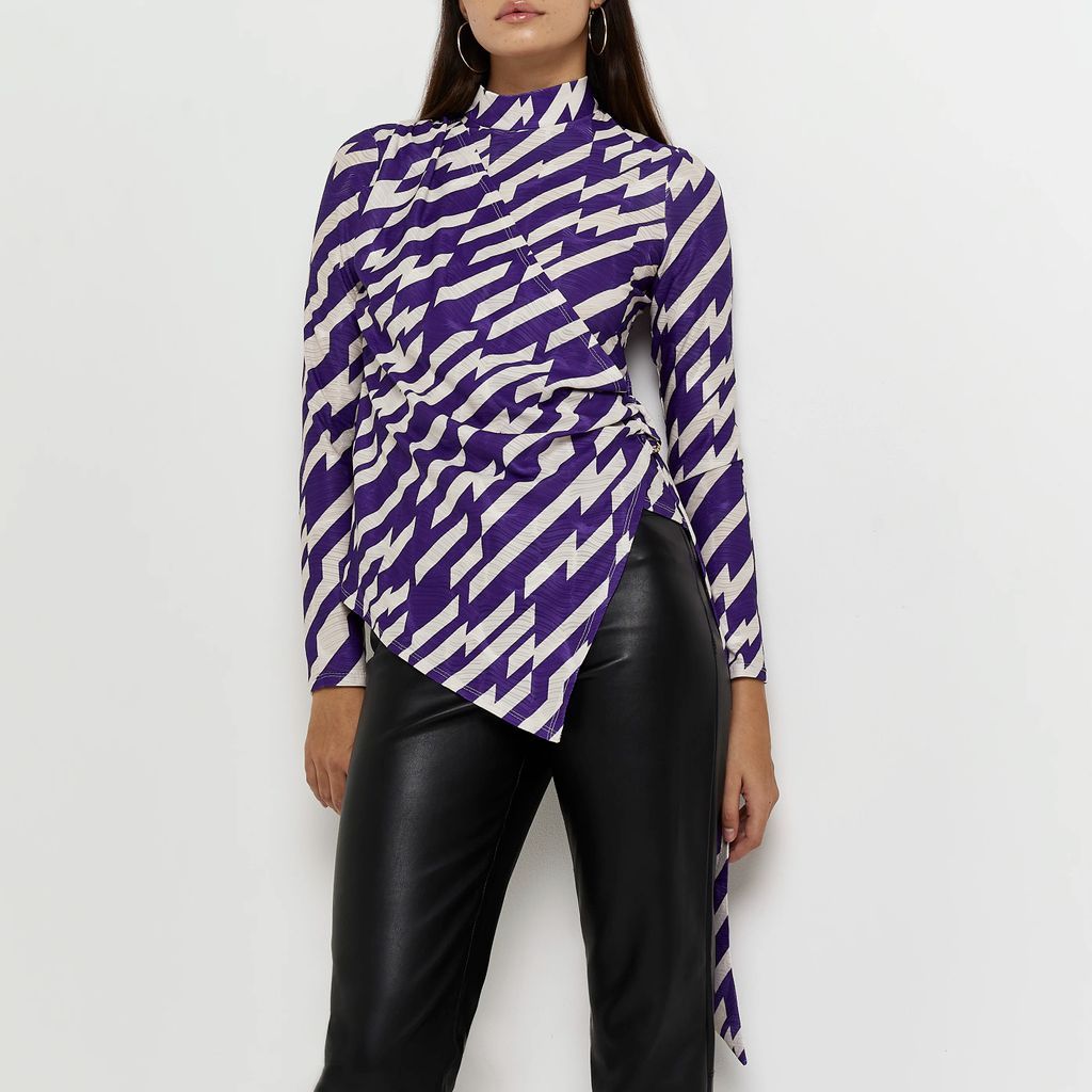 Womens Purple Striped Asymmetric Blouse