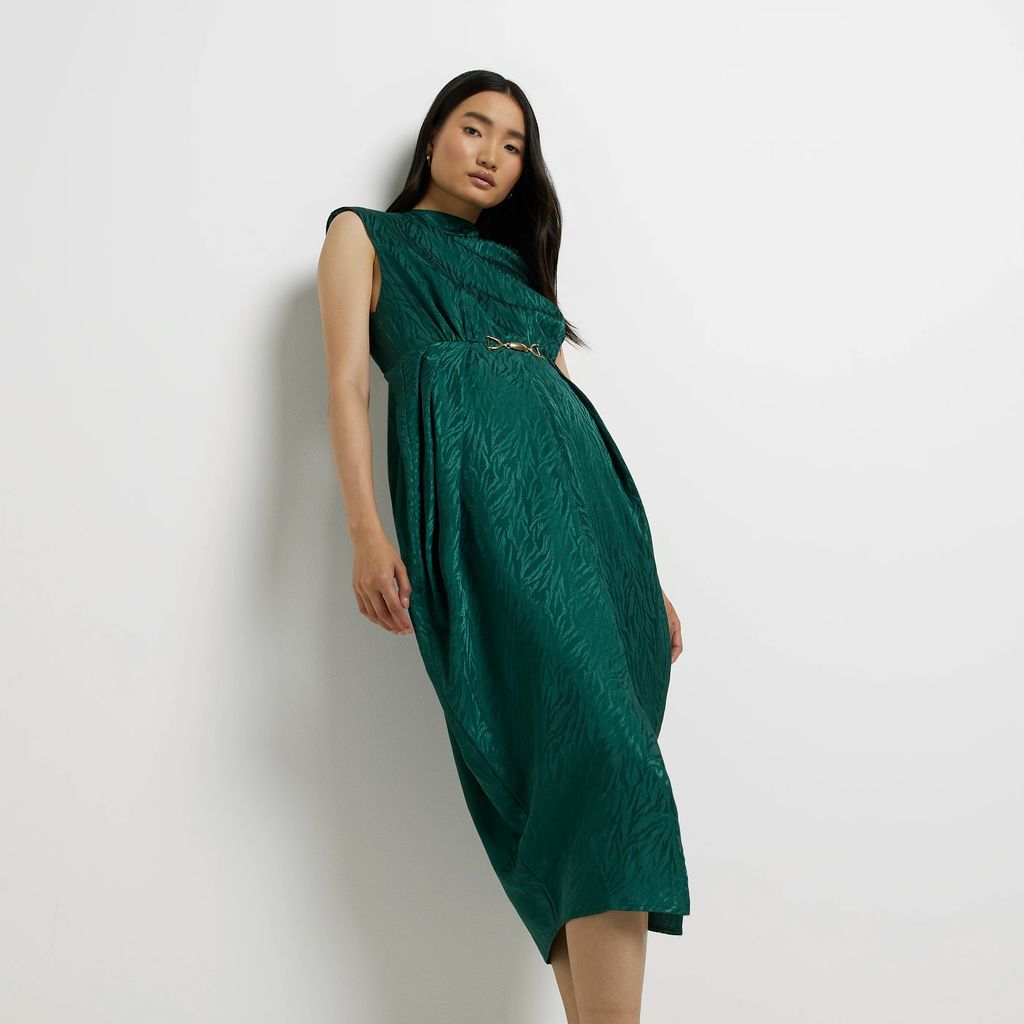 Womens Green Animal Print Satin Shift Midi Dress
