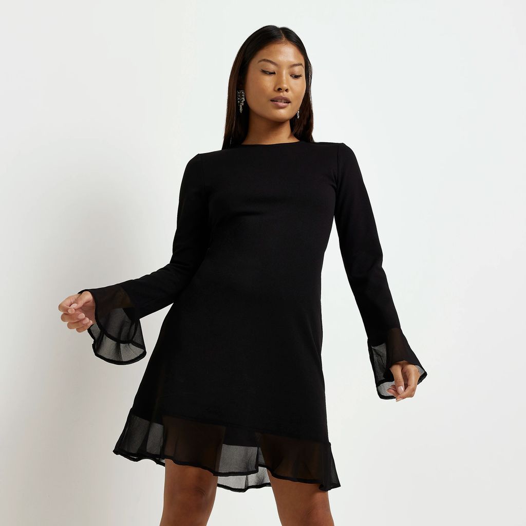 Womens Petite Black Long Sleeve Swing Mini Dress