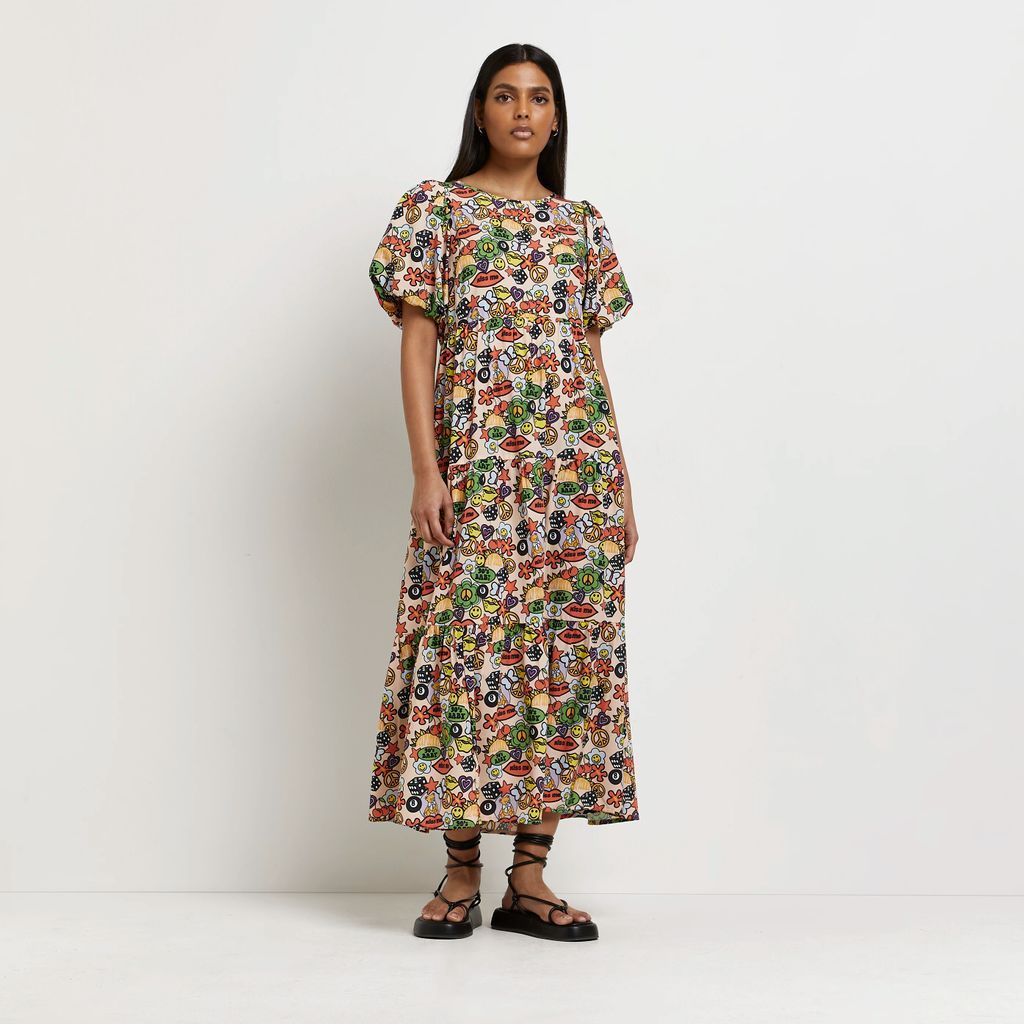 Womens Red Printed Smock Maxi Dress