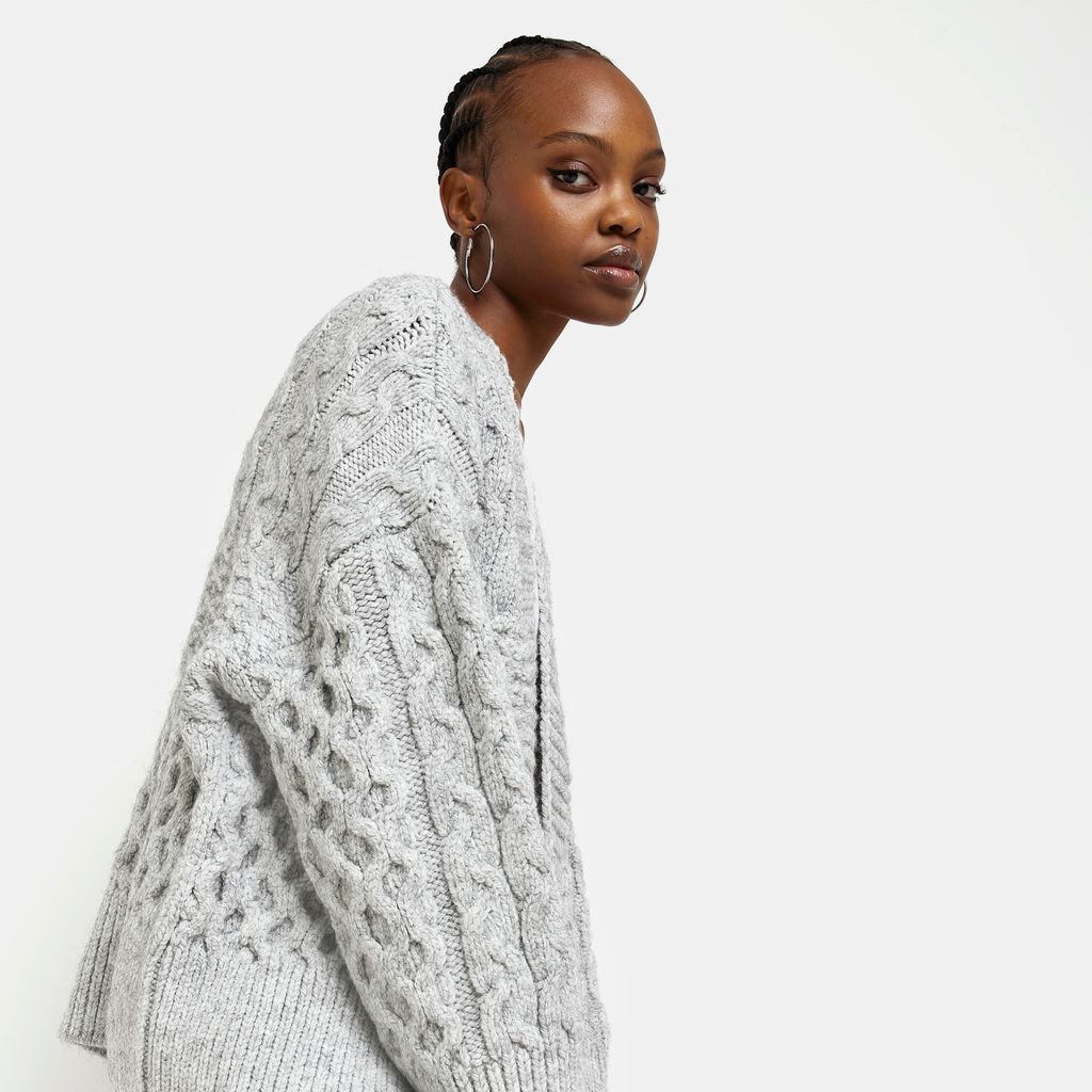 Womens Grey Cable Knit Chunky Cardigan