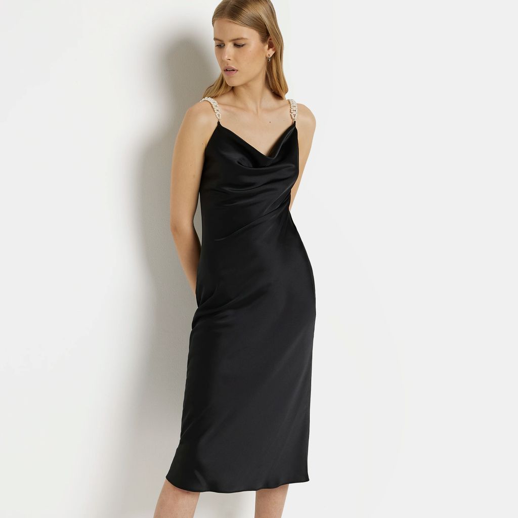 Womens Black Satin Pearl Slip Midi Dress