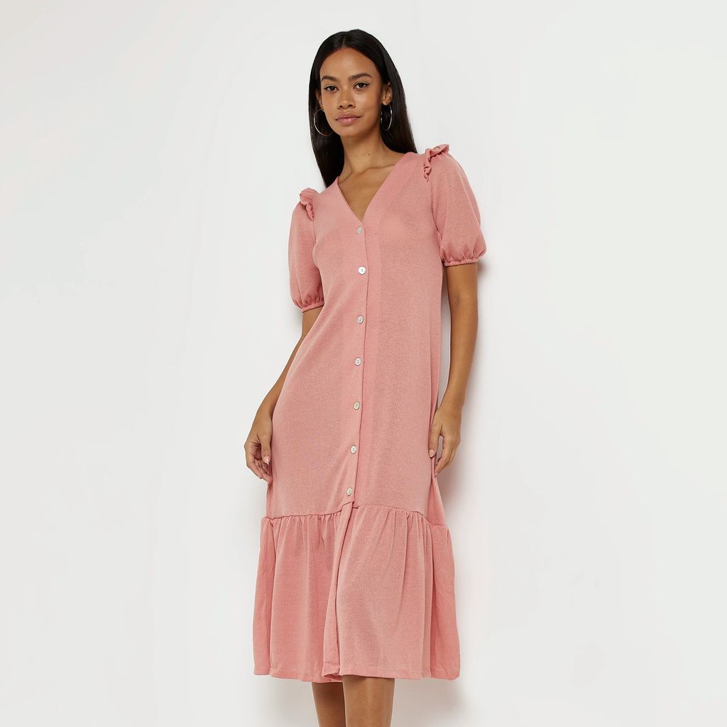 Womens Pink Puff Sleeve Smock Midi Dress