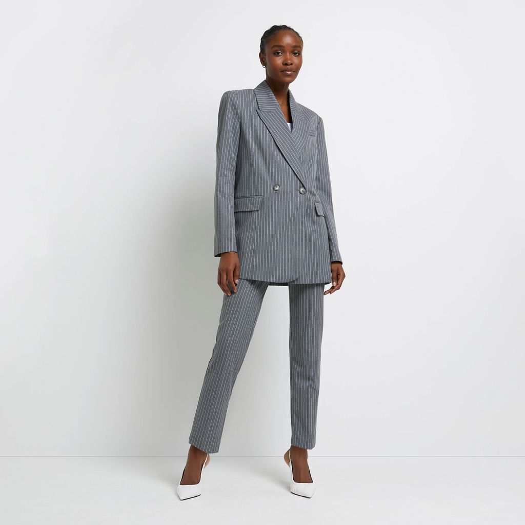 Womens Grey Pinstriped Double Breasted Blazer