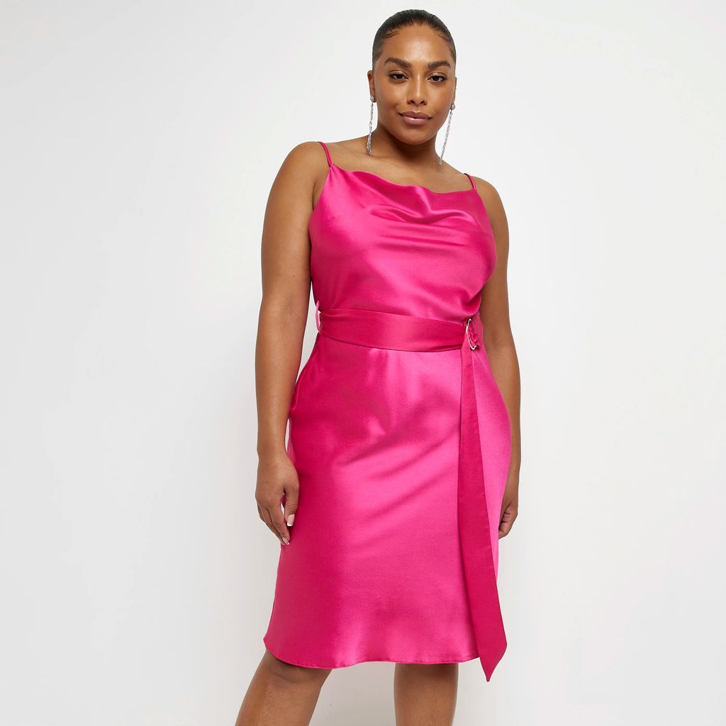 Womens Plus Pink Satin Belted Slip Midi Dress