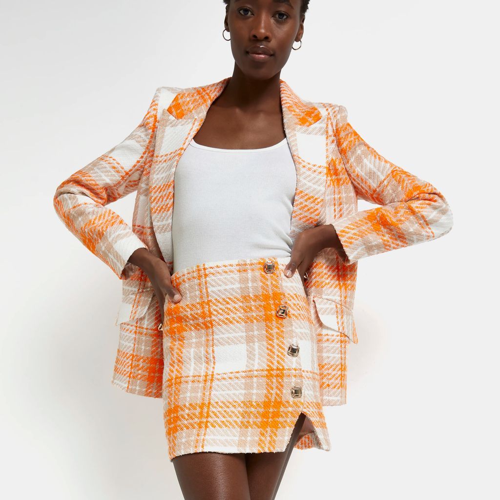 Womens Orange Checked Boucle Mini Skirt