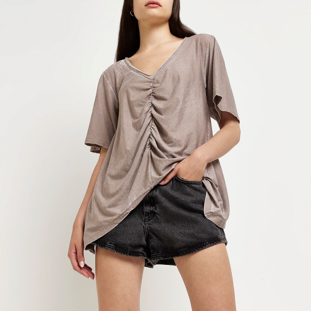 Womens Grey Ruched Front T-Shirt