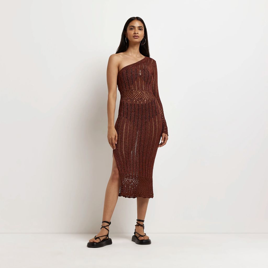 Womens Rust Crochet One Shoulder Midi Dress