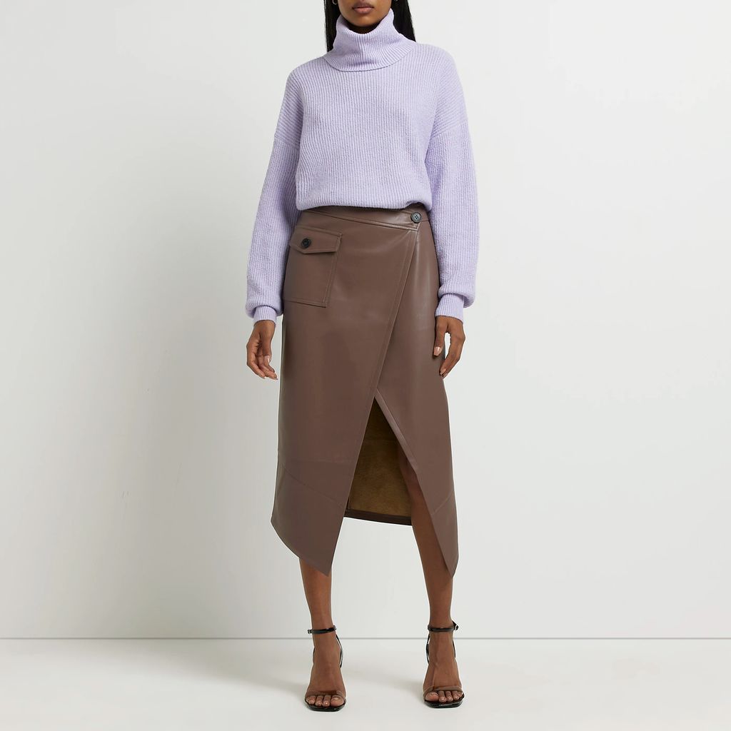 Womens Brown Faux Leather Wrap Midi Skirt