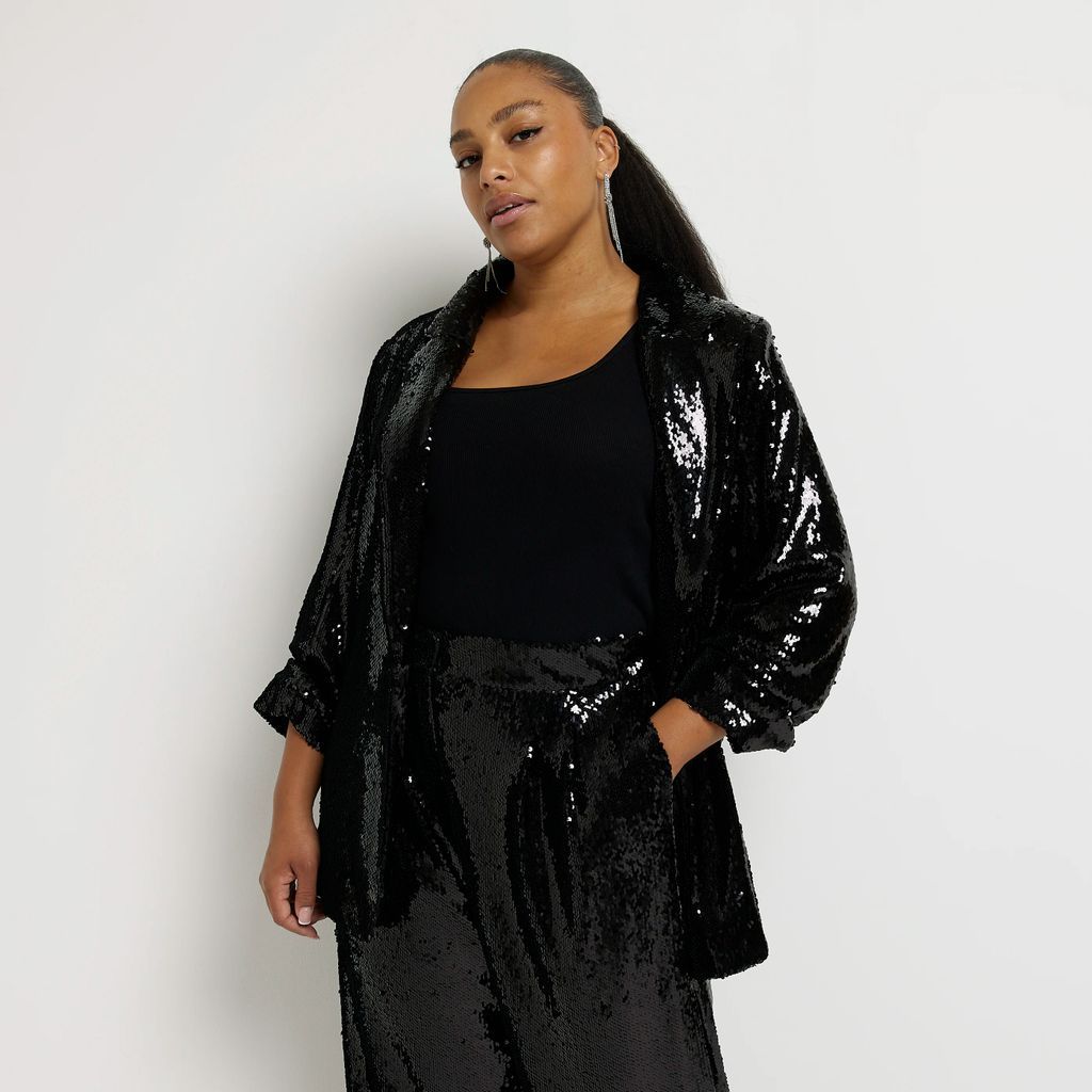 Womens Plus Black Oversized Sequin Blazer