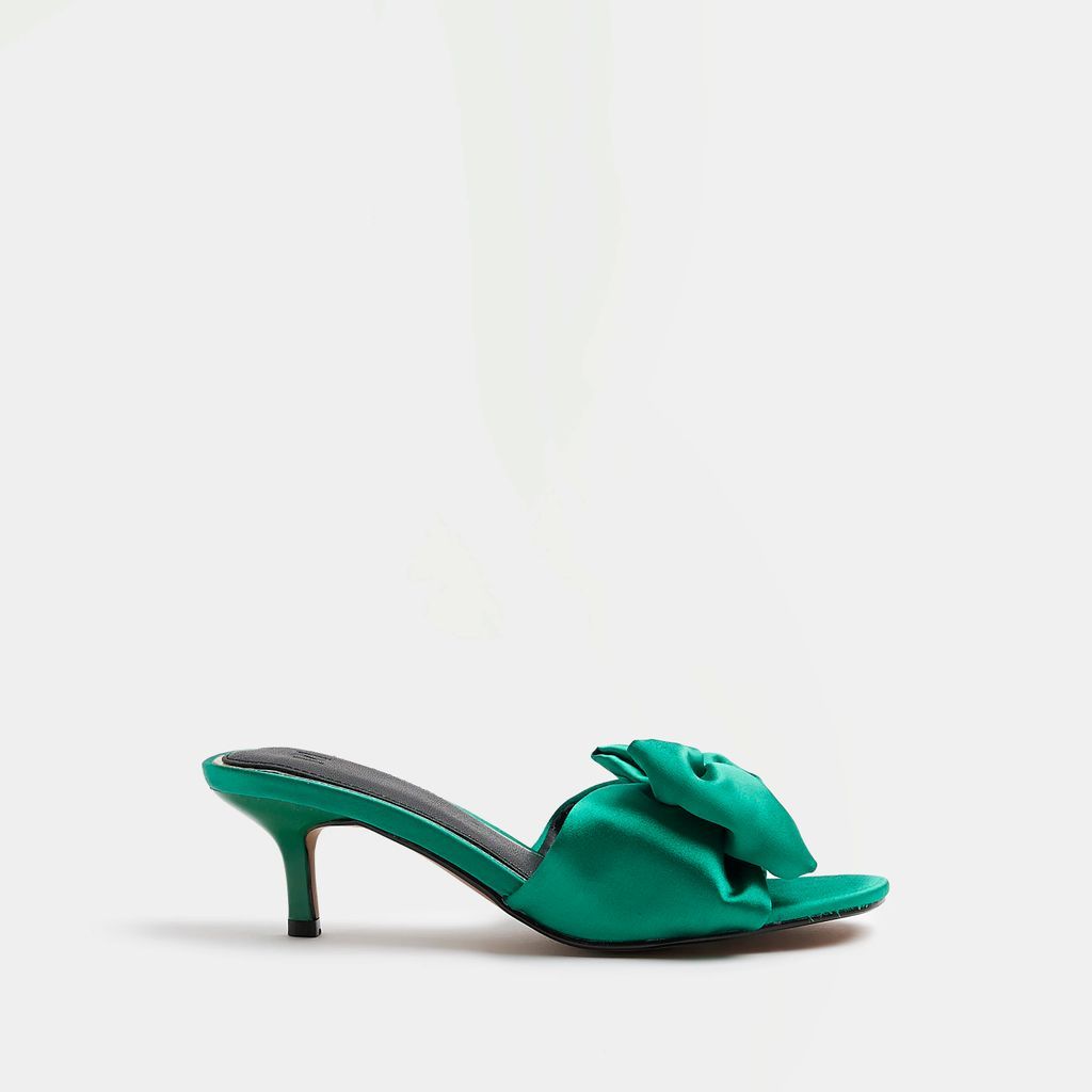 Womens Green Satin Bow Detail Heeled Mules