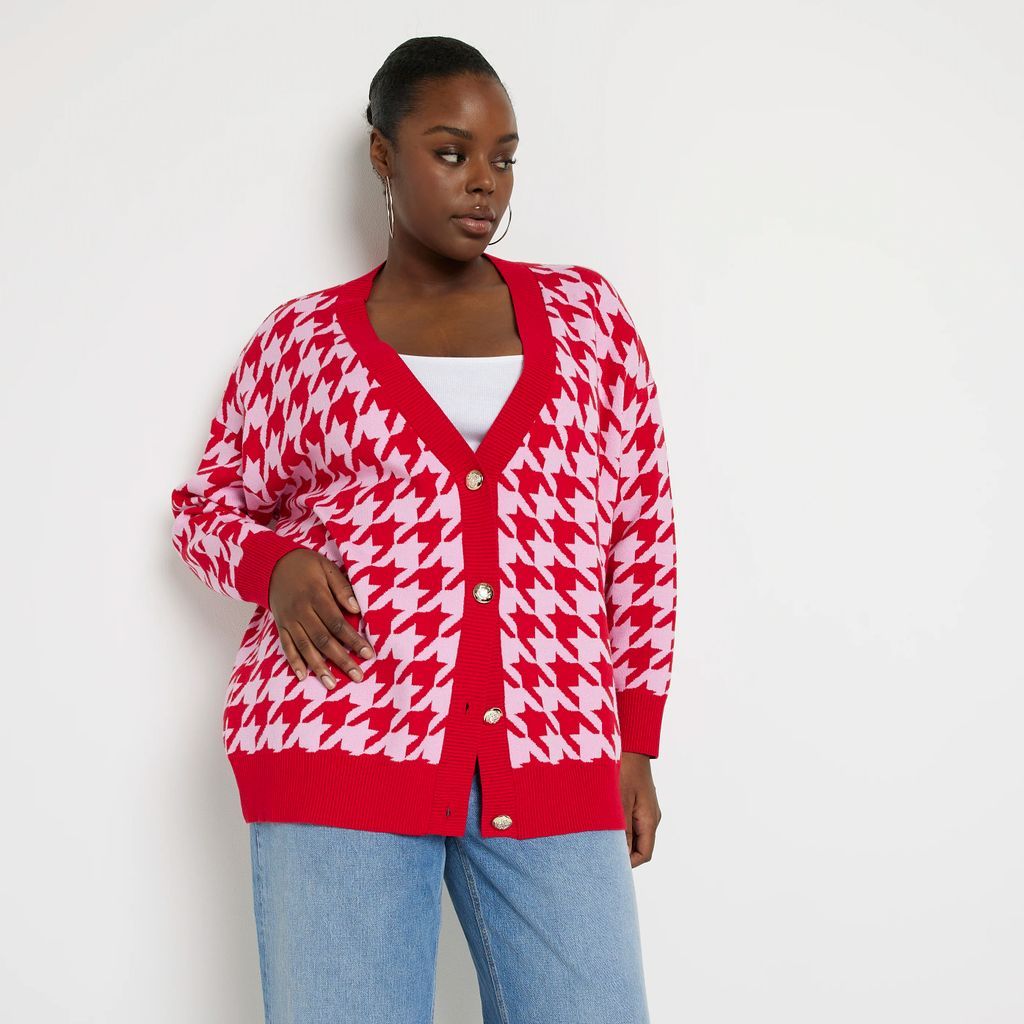 Womens Plus Red Dogtooth Long Sleeve Cardigan