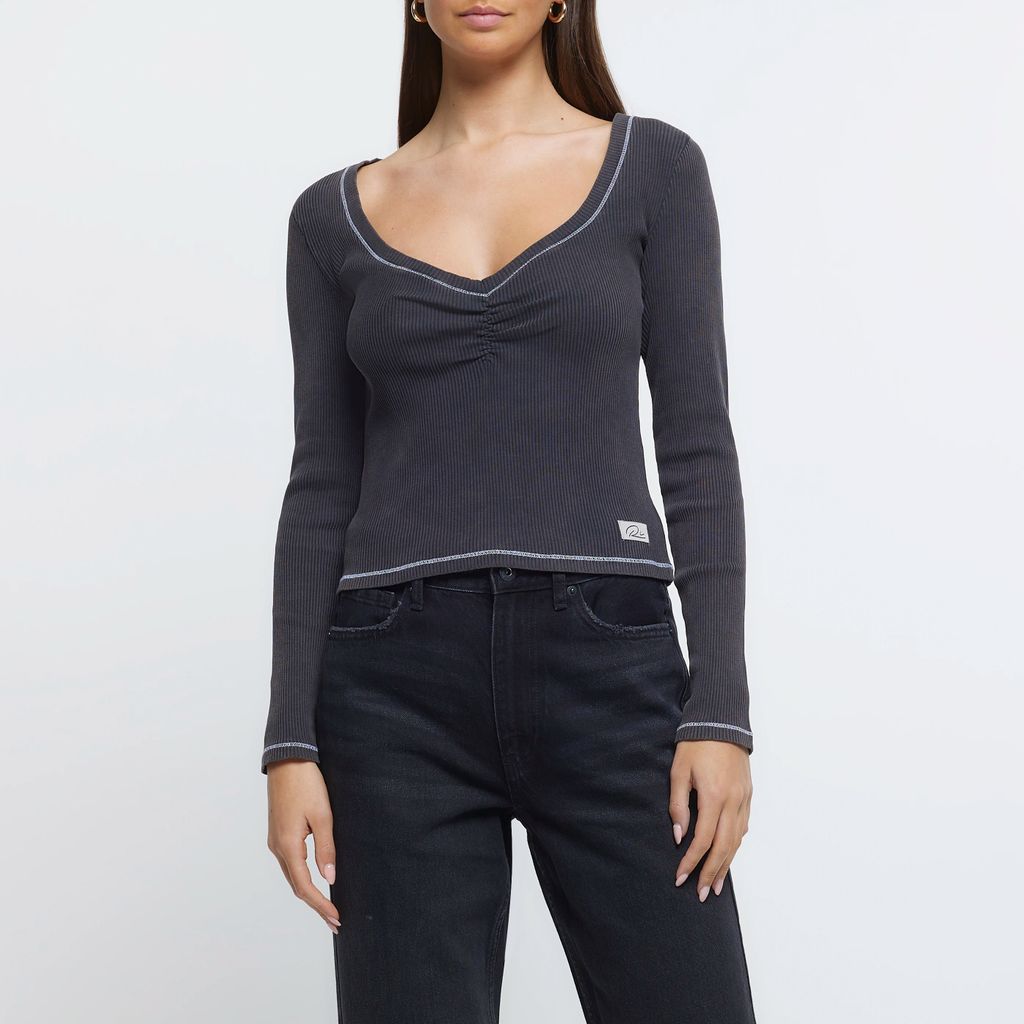 Womens Grey Ruched Long Sleeve Top