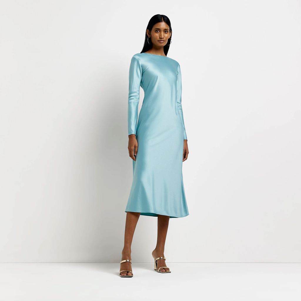 Womens Blue Satin Long Sleeve Slip Midi Dress