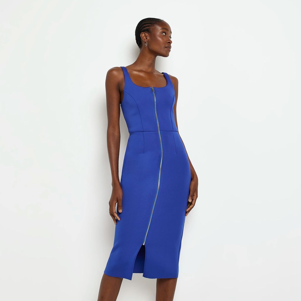 Womens Blue Zip Up Midi Bodycon Dress