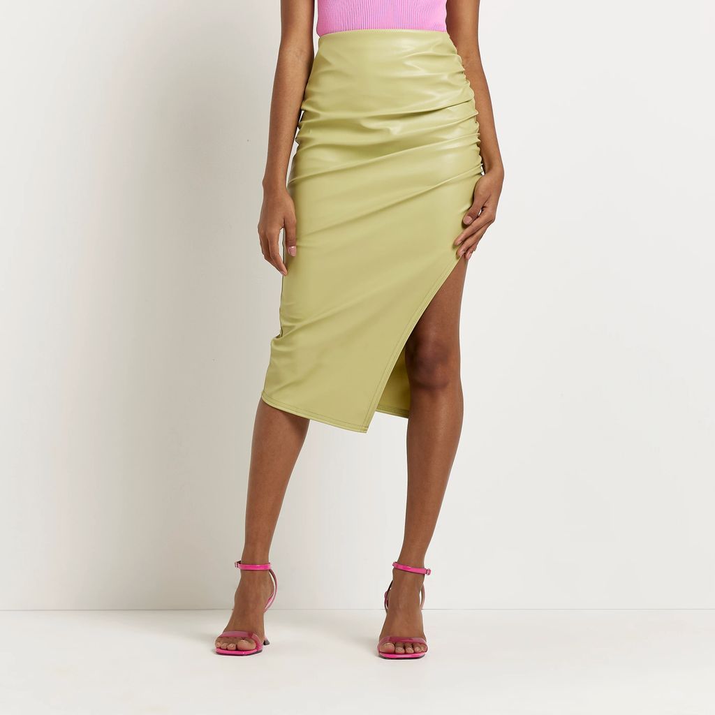 Womens Green Faux Leather Ruched Midi Skirt
