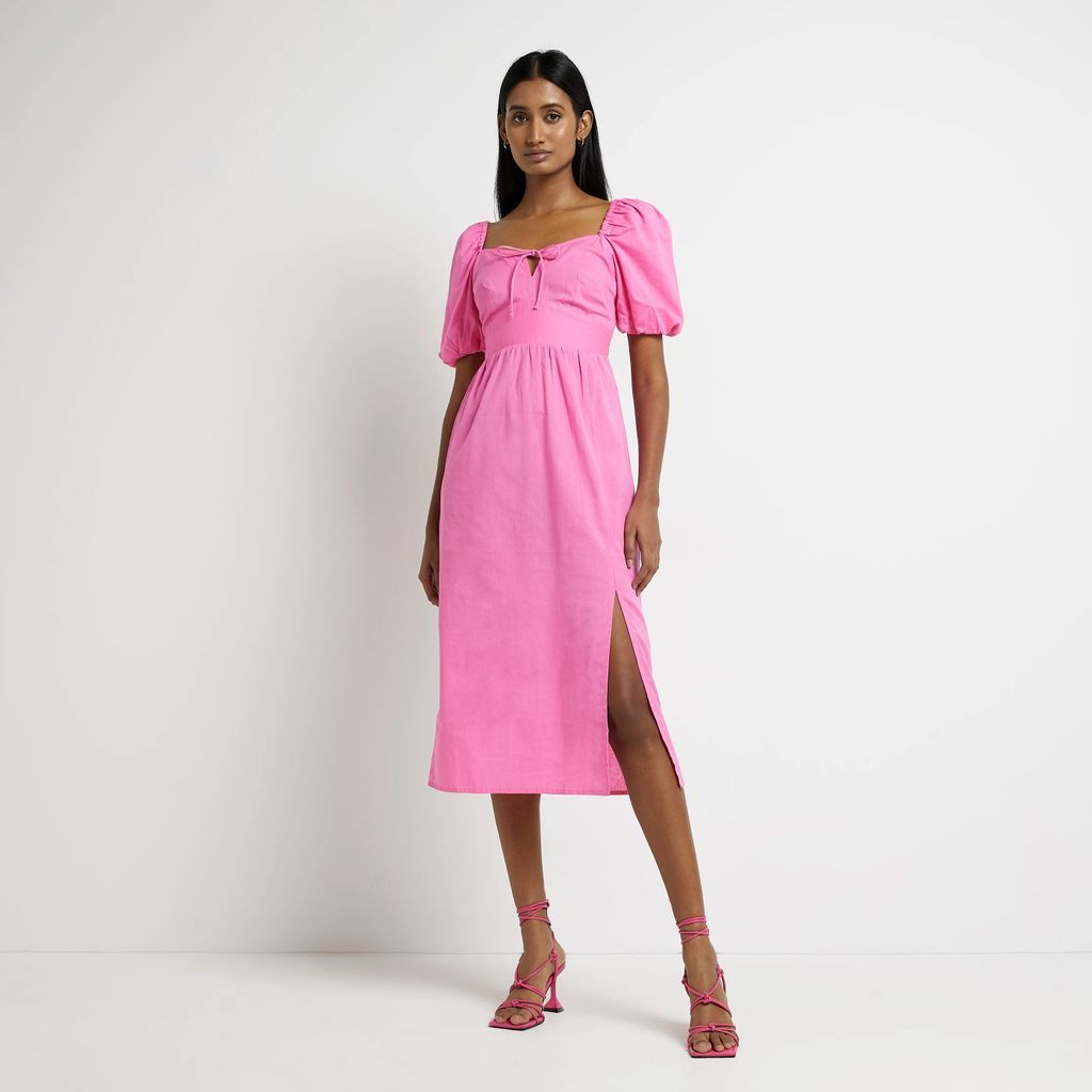 Womens Pink Puff Sleeve Midi Dress