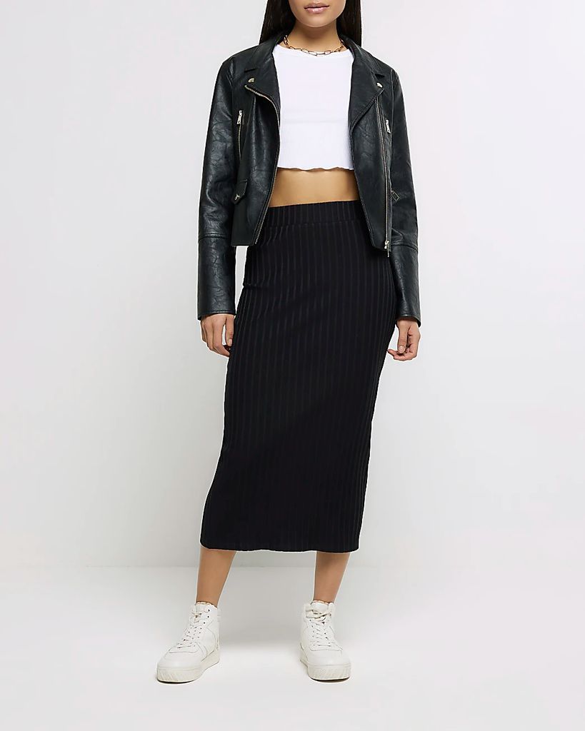 Womens Black Ribbed Midi Skirt