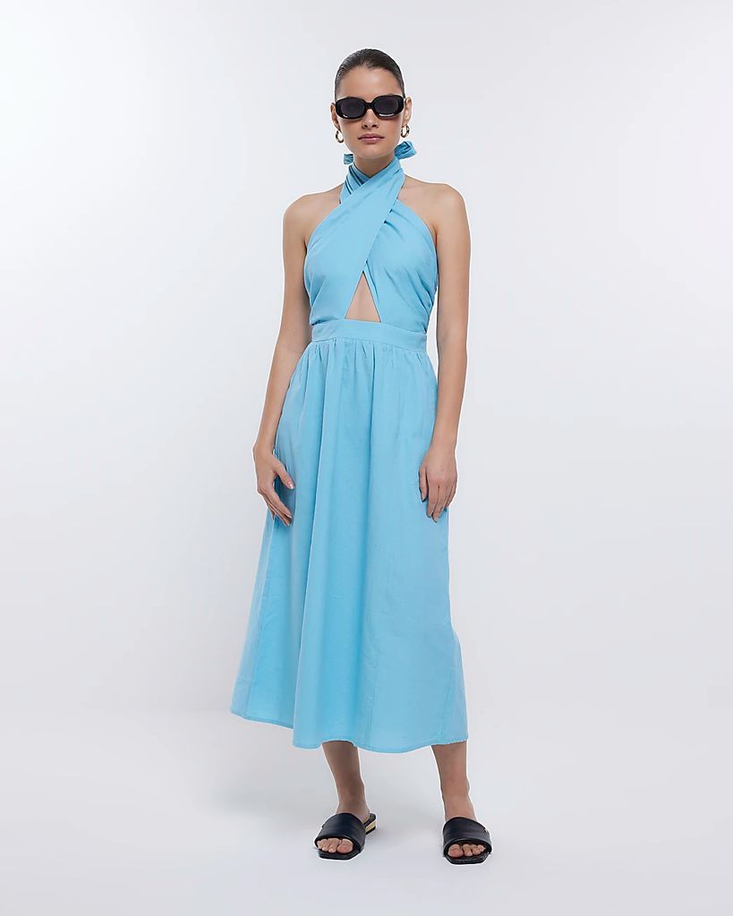 Womens Blue Halter Neck Wrap Midi Dress