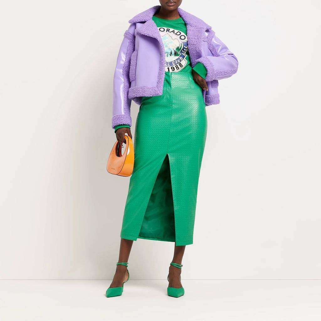 Womens Green Faux Leather Midi Skirt
