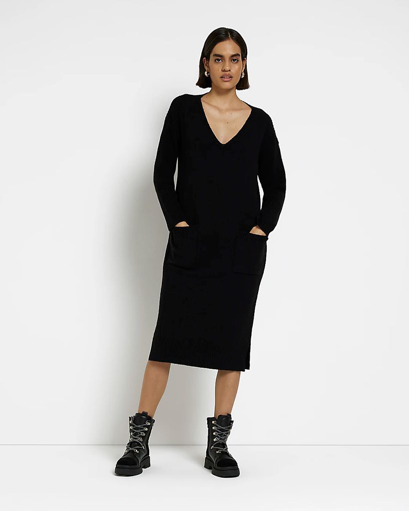 Womens Black Front Pocket Jumper Midi Dress