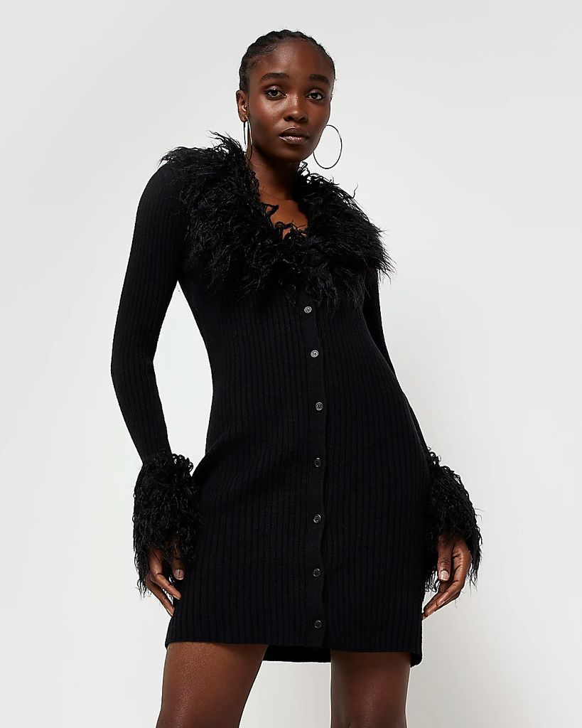 Womens Black Faux Fur Bodycon Cardigan Mini Dress