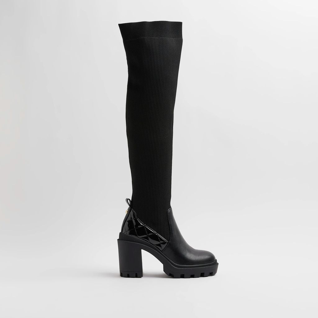 Womens Black Knit Knee High Platform Boots