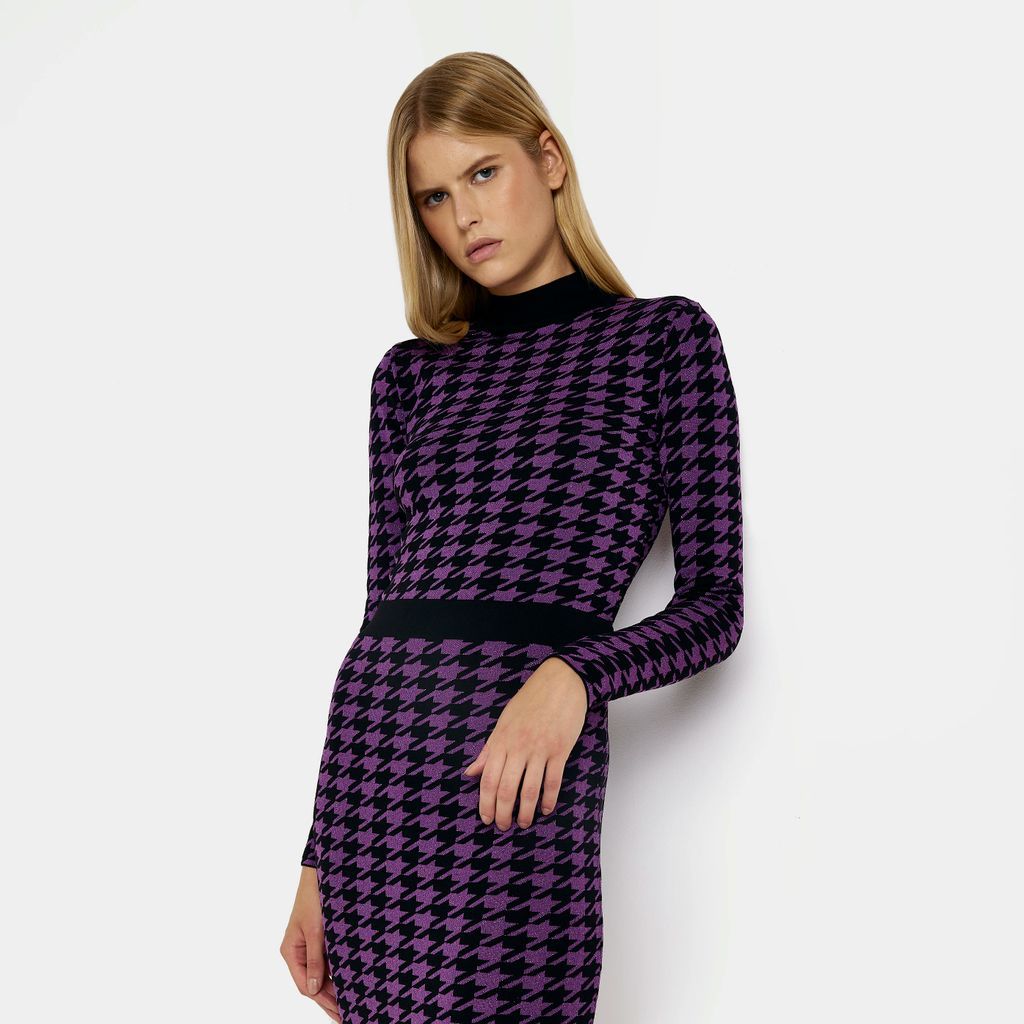 Womens Purple Knit Dogtooth Long Sleeve Top