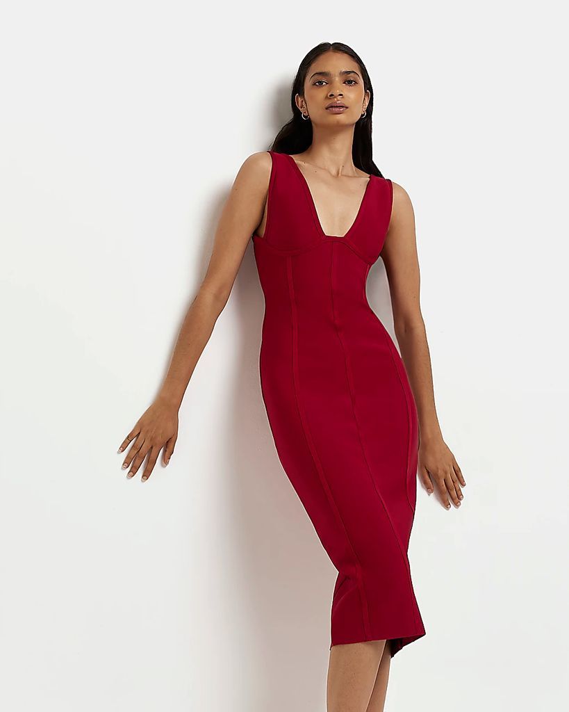 Womens Red Sleeveless Midi Bodycon Dress