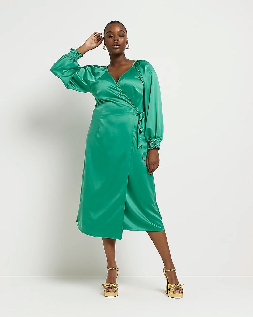 Womens Plus Green Long Sleeve Wrap Midi Dress