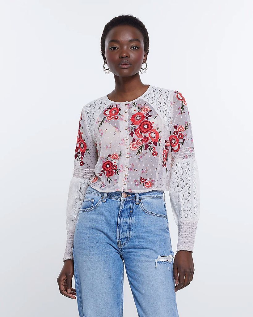 Womens Cream Patchwork Floral Embroidered Blouse