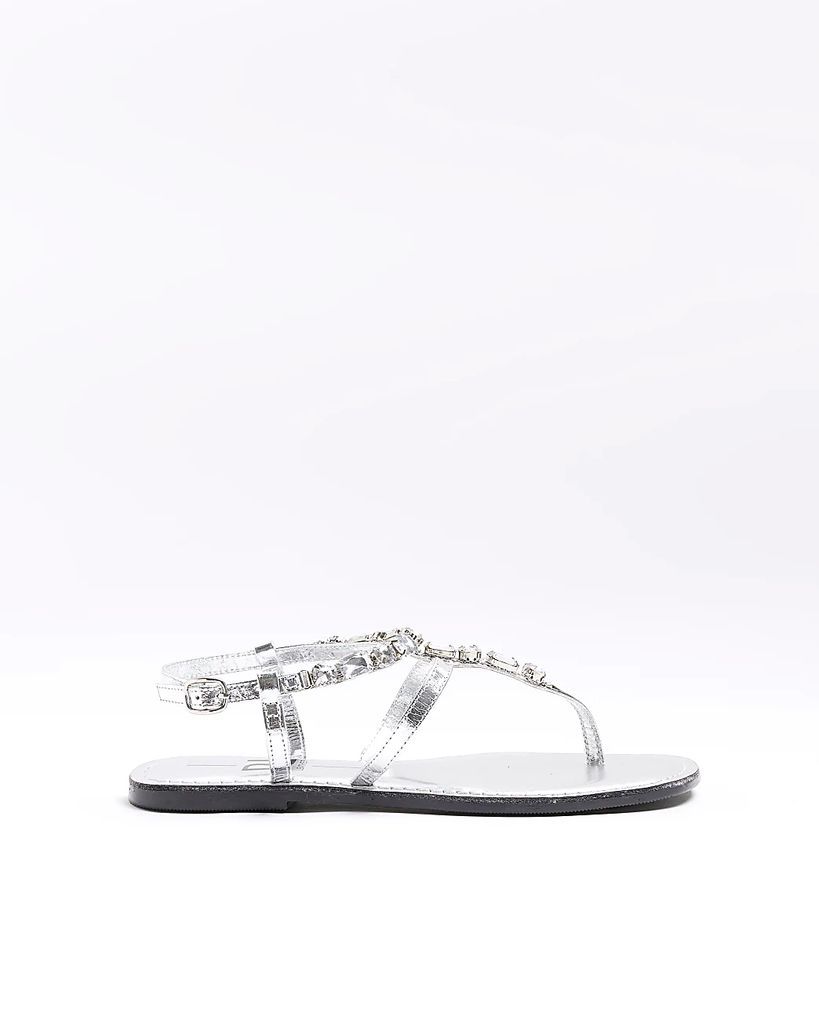 Womens Silver Embellished Flat Sandals