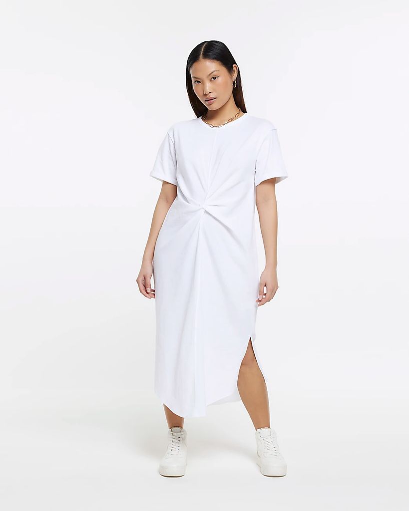 Womens Petite White Front Twist T-Shirt Midi Dress