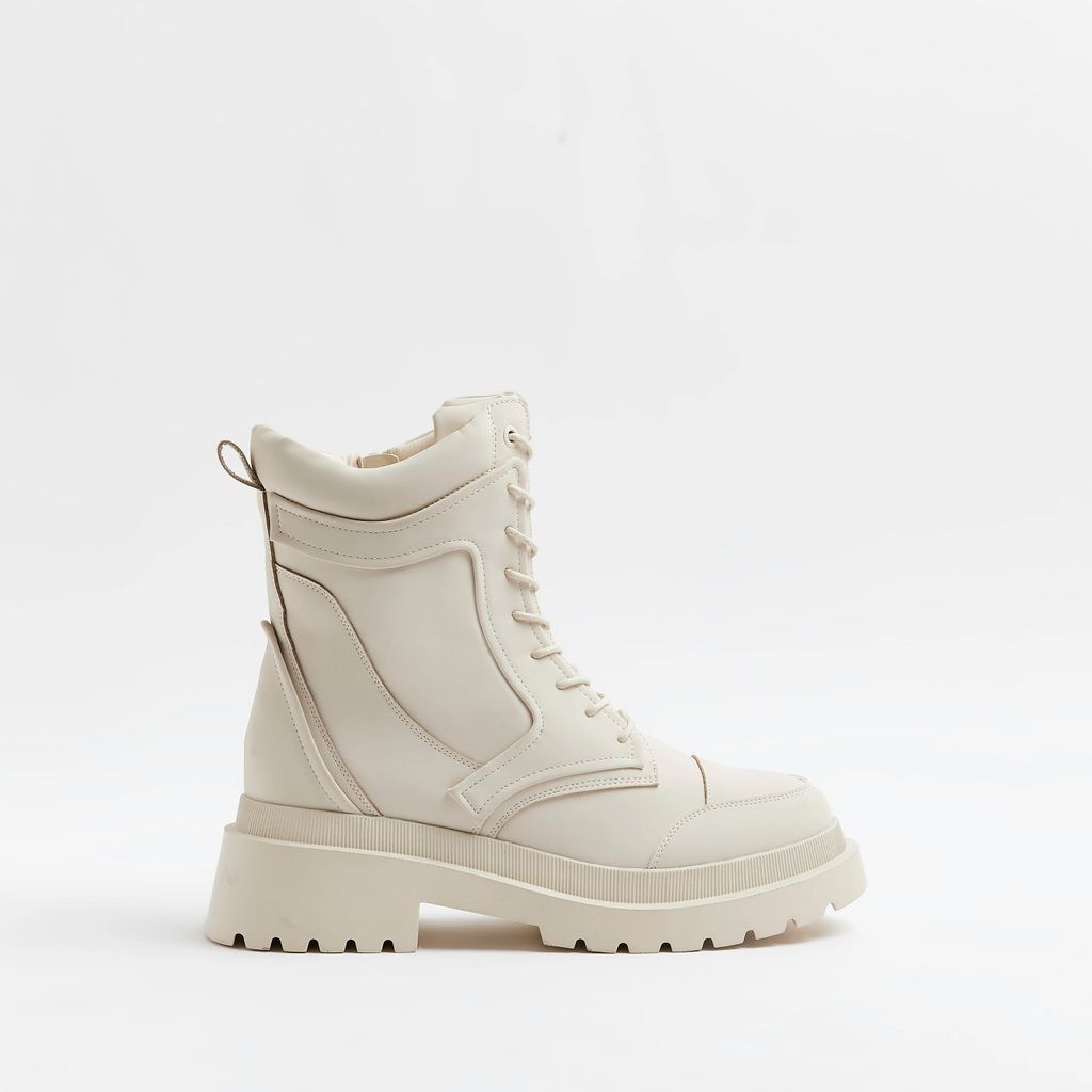 Womens Cream Padded Biker Ankle Boots