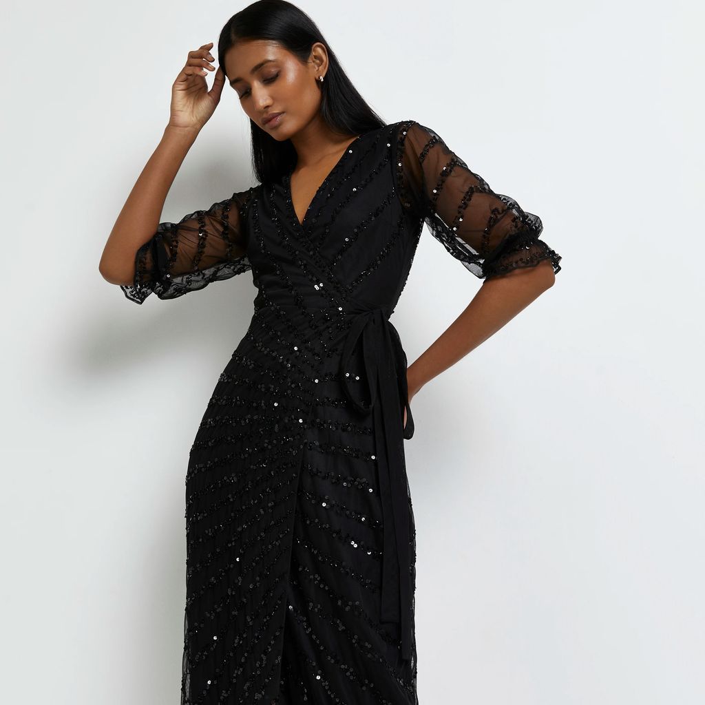 Womens Black Sequin Wrap Midi Dress