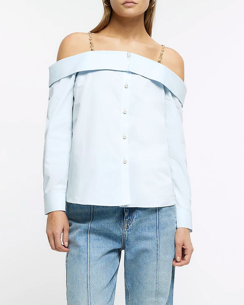 Womens Blue Bardot Chain Strap Shirt