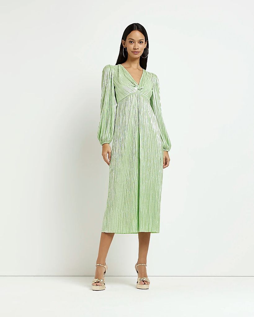 Womens Green Metallic Plisse Midi Dress
