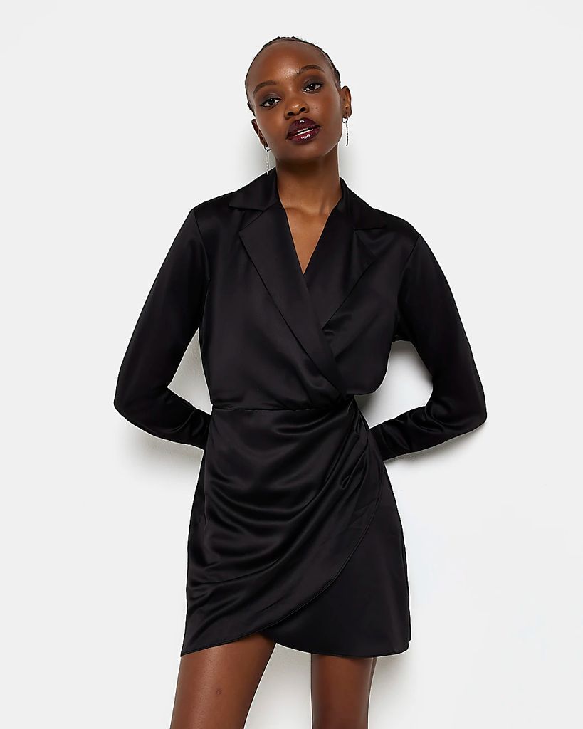 Womens Black Satin Long Sleeve Wrap Blazer Dress