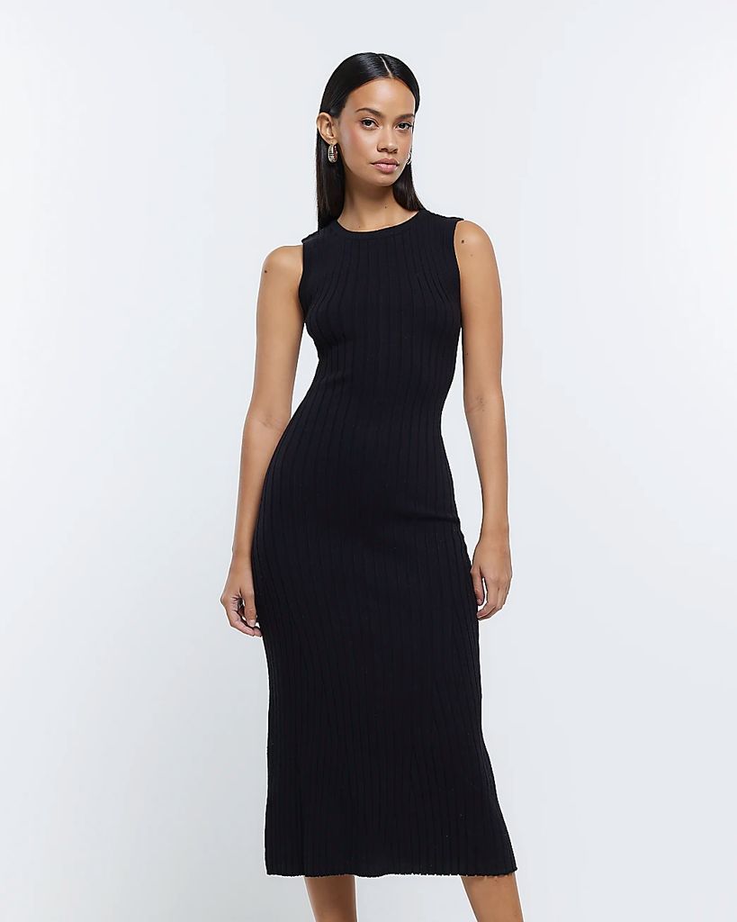 Womens Black Knitted Midi Dress
