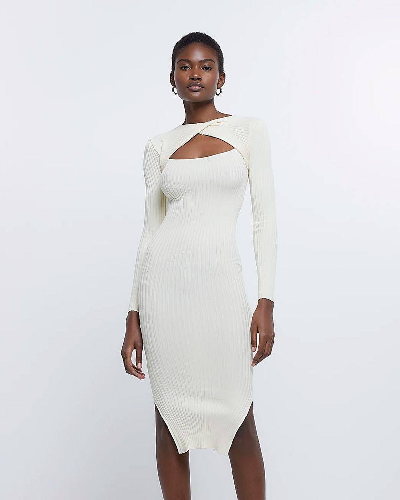 Womens Cream Knit Cut Out Bodycon Midi Dress