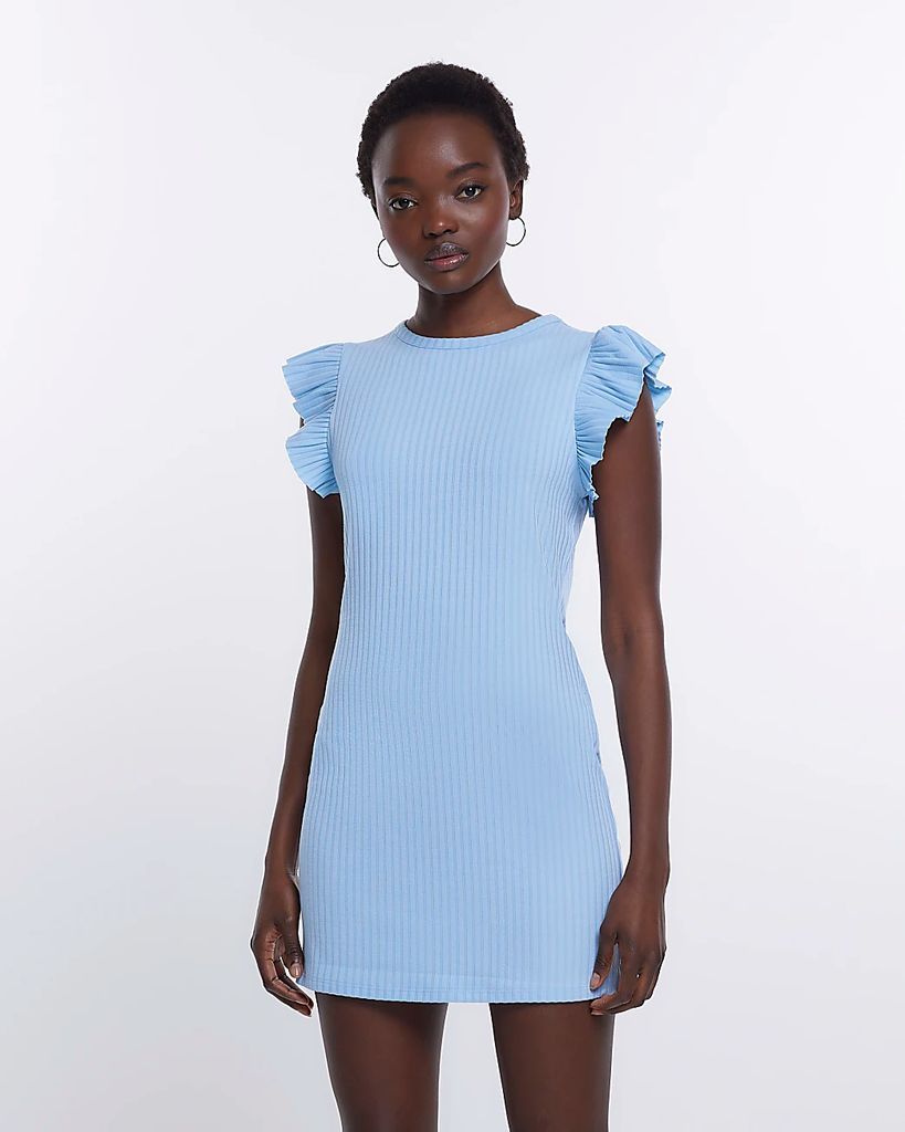 River Island Womens Blue Frill Ribbed Bodycon Mini Dress