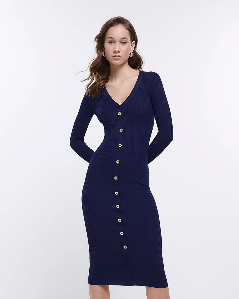 Womens Navy Long Sleeve Bodycon Midi Dress