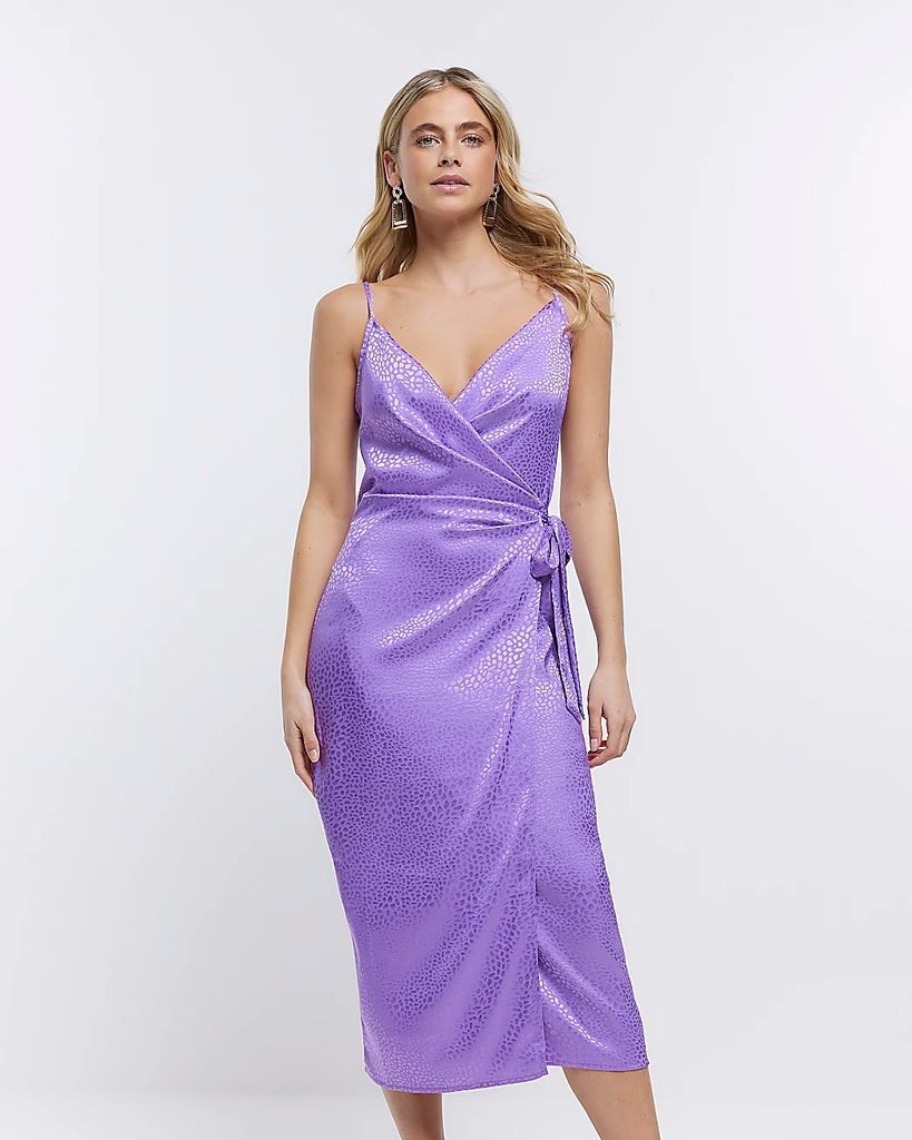 Womens Purple Textured Wrap Midi Dress