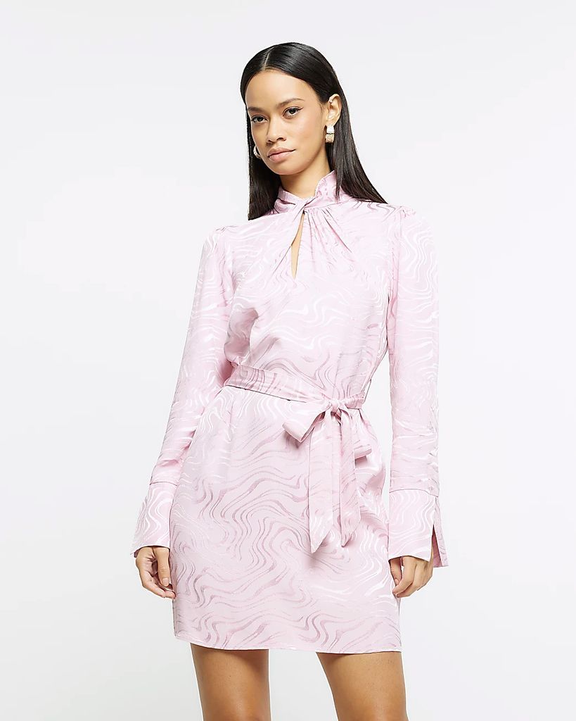 Womens Pink Jacquard Long Sleeve Mini Dress