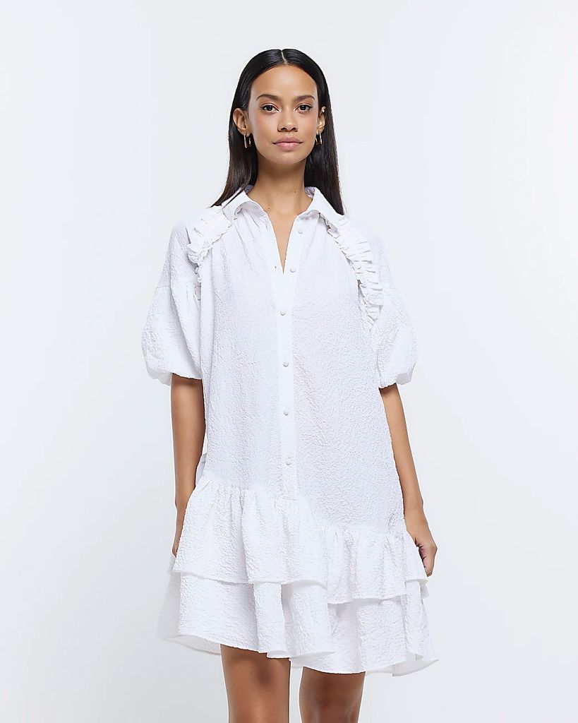 Womens White Asymmetric Smock Shirt Mini Dress